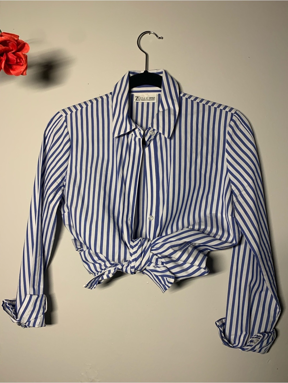 New York & Company Blue and White Striped Tie-Front Blouse